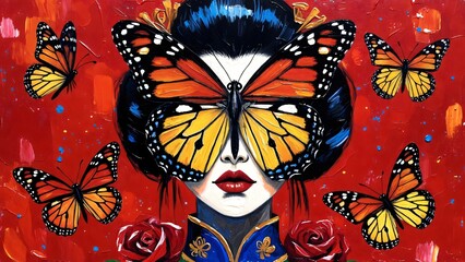 Volto femminile misterioso con farfalla gigante, arte digitale.