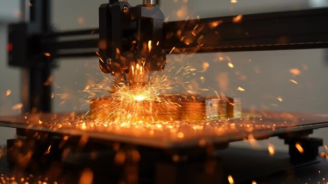 Industrial metal 3D printing machine in action sparks flying everywhere