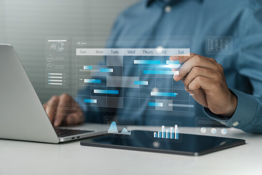 Time management and scheduling concept, business planning calendar, task schedule, work plan, goals, calendar, appointment reminder highlight, Businessman manages his time, plans and analyzes