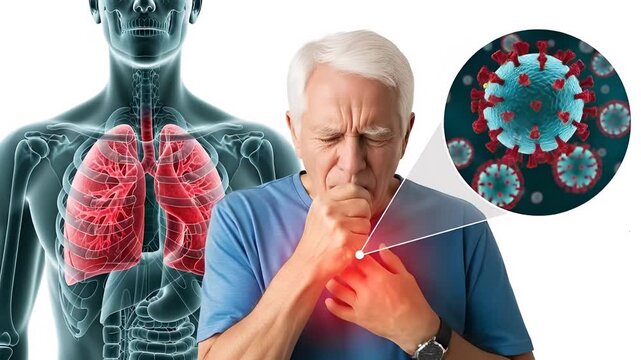 Elderly Man Coughing in Discomfort with Lung Visualization and Virus