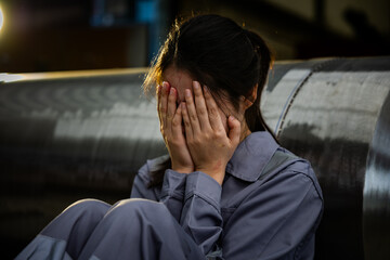 Distressed sad Asian factory worker woman in blue uniform sitting on floor crying covering face...