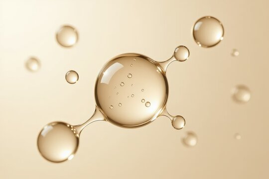 Creamy ivory squalane droplets with microbubbles float over a luminous sheen, captured in soft macro light, highlighting texture and purity in skincare.