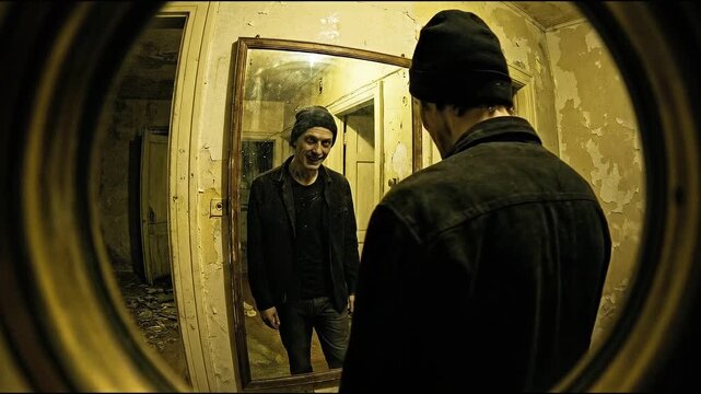 Man looking into a distorted mirror in a dimly lit, abandoned room with peeling walls and a haunting atmosphere