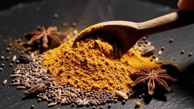 Close-up of Various Spices and Herbs on a Dark Surface.