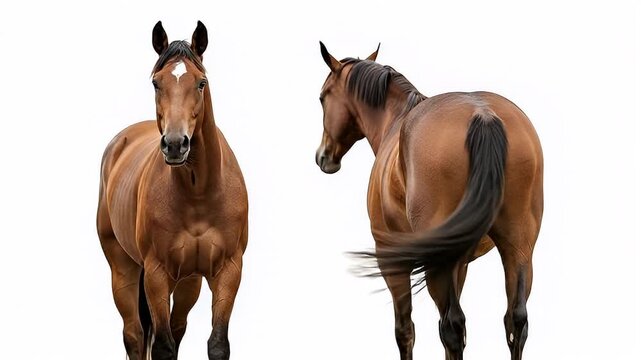 Two brown horses standing side by side.