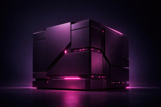 Futuristic black cube computer illustration glowing with magenta light on a dark background for gaming hardware server technology data storage and advanced digital innovation themes