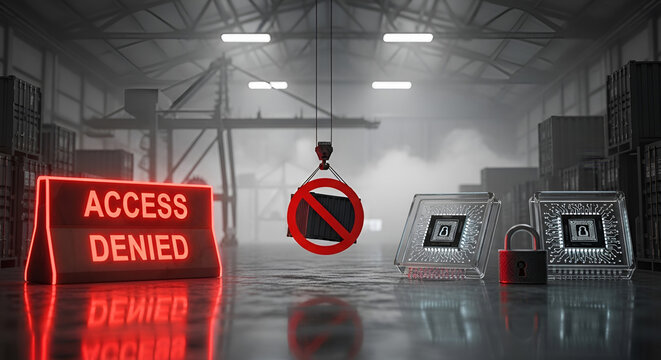 Trade embargo blocks cargo shipping during technological conflicts within industrial warehouse.