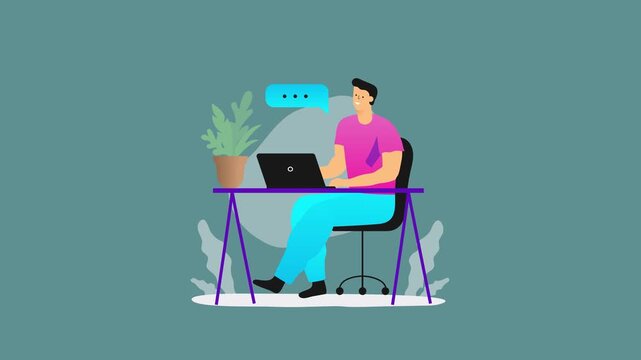 Flat animation of remote worker using laptop and smartphone, online communication concept