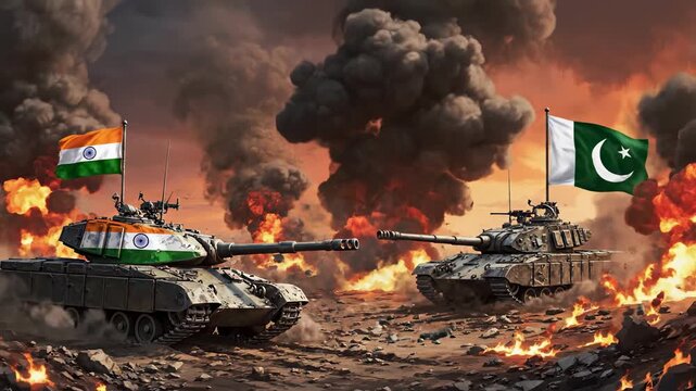 War between India and Pakistan with tanks and flags in conflict.