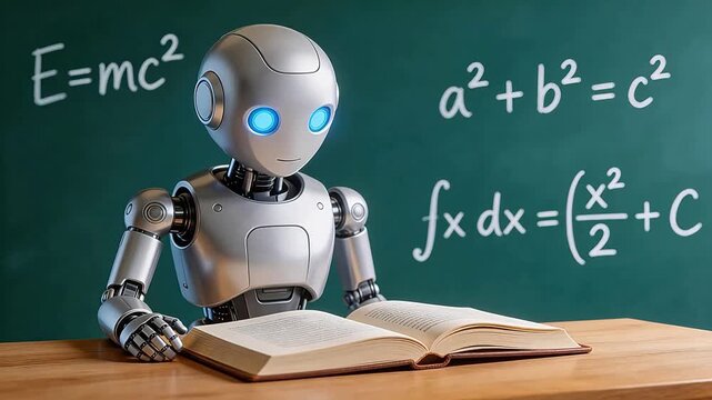 Friendly AI robot studying mathematics with open book at desk, chalkboard showing E=mc&sup2;, Pythagorean theorem, and integral formula &mdash; education, AI learning, STEM concept