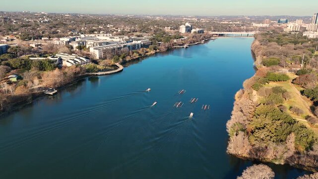 Aerial Drone View of Rowing Teams on Lady Bird Lake in Austin Texas