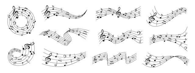 Naklejka premium Music notes wave set. Spiral and wavy musical staff lines with melody clefs clefs notes. Musical decoration for cover, poster, banner