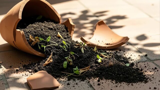 Broken terracotta flower pot with spilled soil and green sprouts on tiled terrace