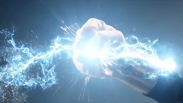Close-up of a human hand manipulating swirling particles of light, creating a mystical atmosphere with sparks and glows