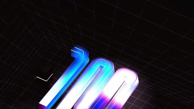 Glowing three dimensional number standing in a dark wireframe grid room with purple and blue neon lighting creating a retro futuristic cyber space environment and immersive depth