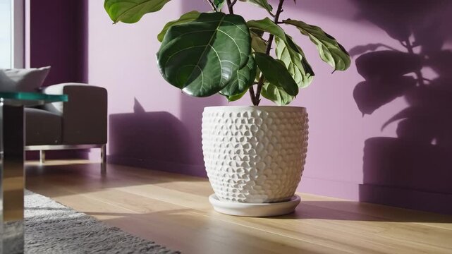 Fiddle Leaf Fig Plant in White Textured Pot in Living Room.