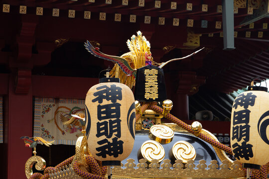 Traditional portable shrine (Mikoshi) carried by people during the Kanda Matsuri festival in Tokyo, Japan.