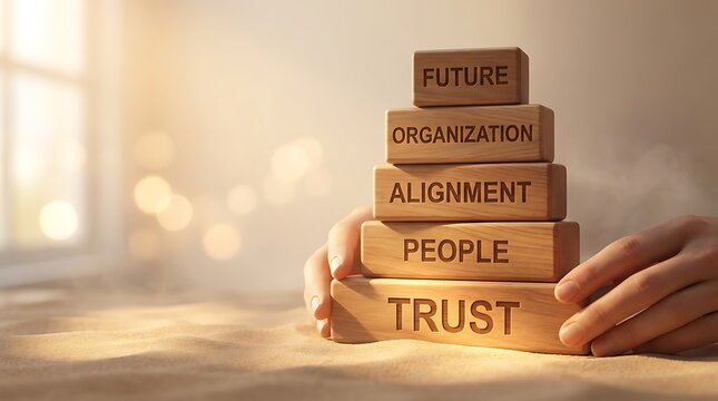 Trust Building Blocks Concept People Hands Stacking Wooden Blocks with Alignment Organization and Future Text in Soft Light