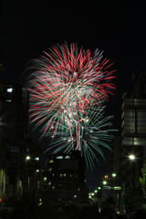 Vivid fireworks bursting over the city skyline and residential buildings at the Sumida River Fireworks Festival in Tokyo, Japan.