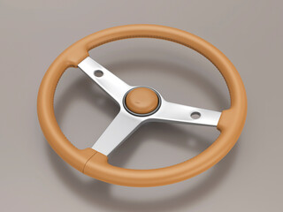 Brown leather retro car steering wheel with a metal frame