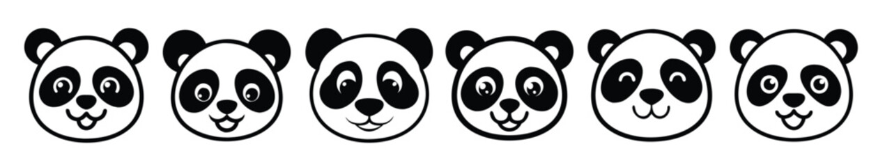Collection of Six Cute Panda Bear Heads with Different Smiling Expressions in Black and White Silhouette © Hdisnn