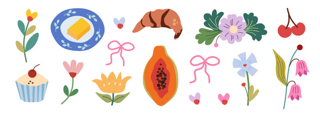 Set of spring summer stickers. Icons for tropical vacation. Seasonal elements collection. Fruits, flower, leaves, tulip, papaya, bow, ribbon, croissant, cupcake, cherry, cafe accessories. © Sinta Alfa