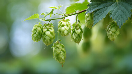 Obraz premium Green Hop Cones Hanging on a Branch in a Field
