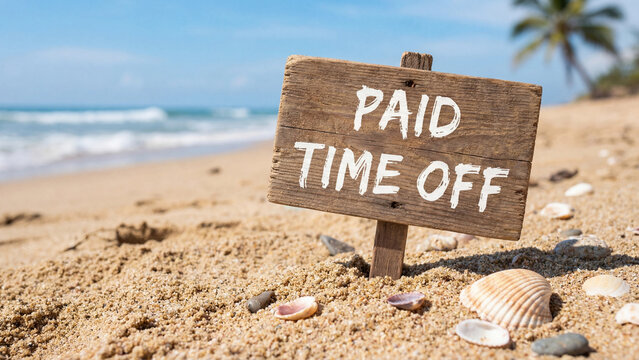 Paid time off employee benefit concept with tropical beach sign representing work life balance vacation leave entitlement and corporate wellness policy for workforce retention