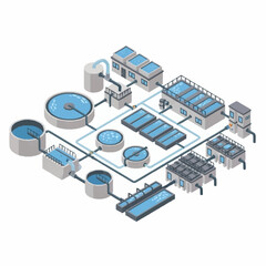 Isometric Water Treatment Plant Diagram with Tanks and Buildings.
