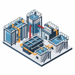 Obraz premium Isometric Water Treatment Plant Illustration with Tanks and Pipes.