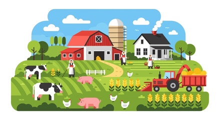 Traditional Farm Life Vector Illustration: Rural Landscape with Barn, Silo, Tractor, Farmers, Cows, Pigs, Chickens, and Harvested Crops.