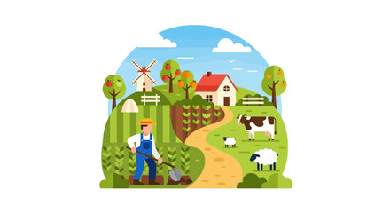 Fototapeta premium Flat Vector Illustration of Farmer Working Field on Traditional Rural Farm Landscape with House, Windmill, and Livestock