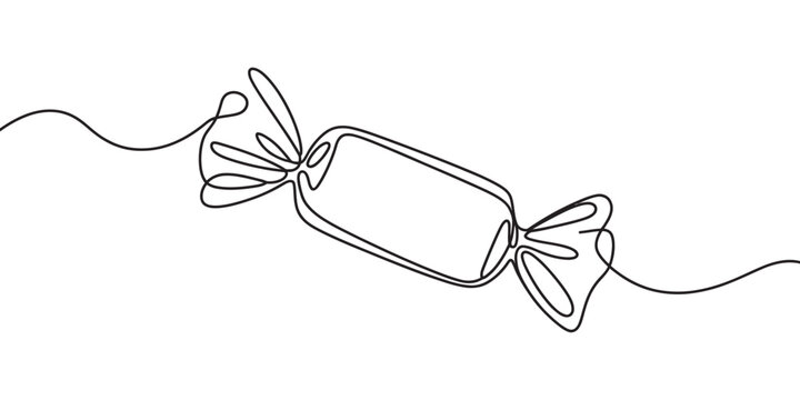 Continuous line drawing of a wrapped candy sweet in a minimalist style on white background. Vector, illustration