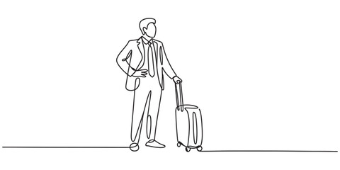 Obraz premium Continuous line drawing of a businessman standing with his suitcase while traveling Vector, illustration