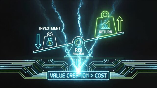 ROI analysis concept investment return balance digital circuit neon illustration value creation cost scale finance technology profit growth business marketing strategy economy arrow graph icon success