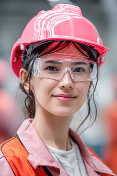 A woman in a pink hard hat and safety goggles smiles confidently, wearing protective workwear in an industrial setting.