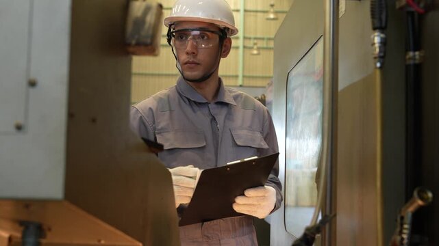 An Asian male engineer/foreman responsible for operating automatic machinery and inspecting metal cutting machines and automotive parts in an automotive parts manufacturing plant.