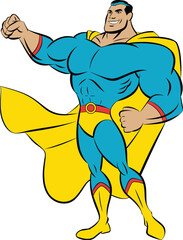 Strong muscular male superhero in blue suit and yellow cape standing in a powerful pose isolated on white background vector © Champa