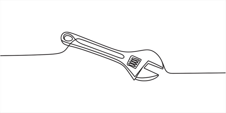 Continuous line drawing of an adjustable wrench or spanner tool for repair and maintenance. Vector, illustration