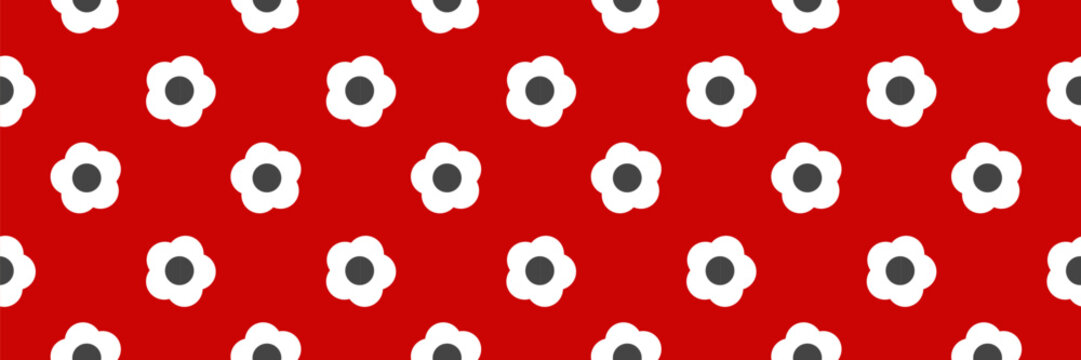 Retro seamless floral pattern with simple geometric figures. Daisy flower background on red