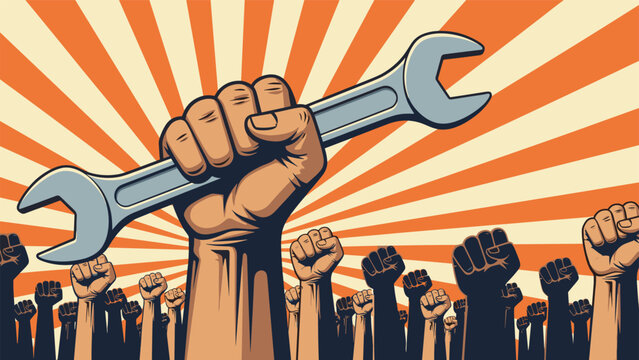 Powerful workers rights concept with a giant fist holding a wrench and many smaller raised fists in the background.