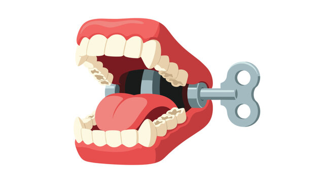 Classic wind up chattering teeth toy illustration with a silver key and pink gums on a plain white background for humor themes.