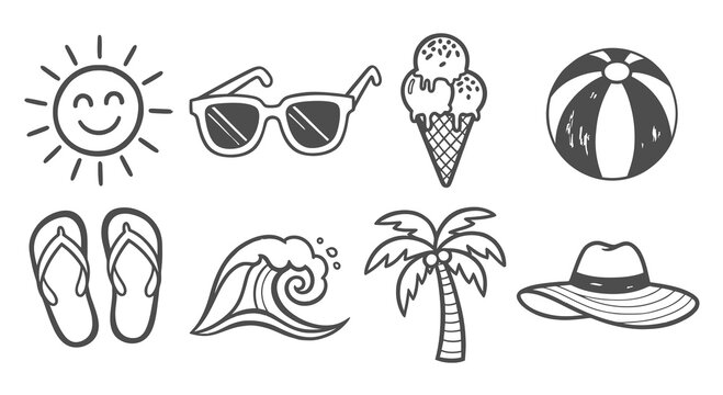 Summer Vacation and Beach Elements Hand-drawn Black  White Line Art Icons Set. Includes Sun, Ice Cream, Sunglasses, Flip Flops, Palm Tree, Wave, Hat, and Beach Ball Doodles.