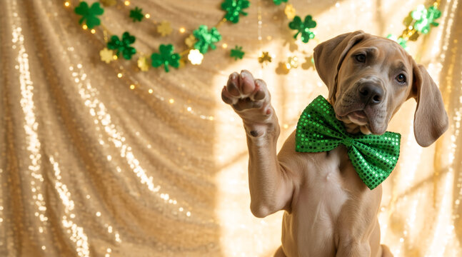 Great Dane puppy wearing green bow tie waving paw. Cute dog high five gesture for St Patrick's Day celebration. Copy space for text. . For greeting card, poster banner