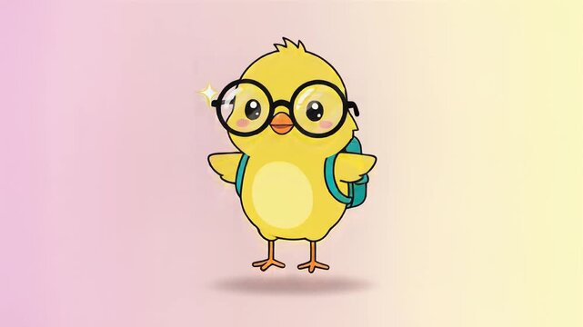 Adorable cartoon chick wearing glasses and backpack standing on pastel background.
