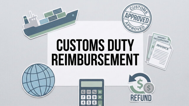 Customs duty reimbursement approval process with cargo ship import declaration invoice calculator and refund icons representing international trade tax recovery and duty drawback claim calculation