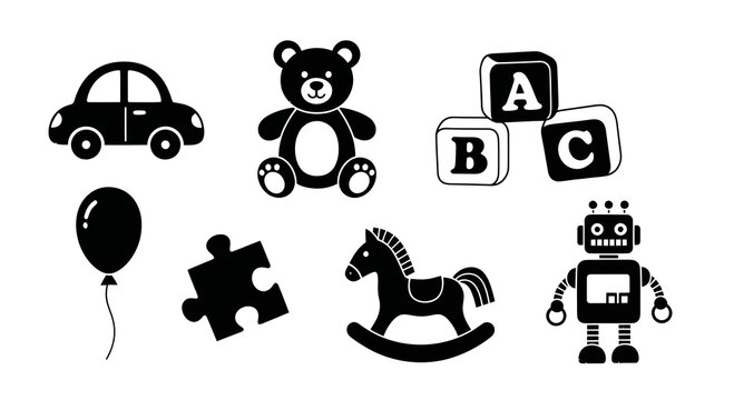 Children's Toys Black  White Glyph Icons Set. Flat Design Silhouettes for Childhood Playtime: Car, Teddy Bear, ABC Blocks, Balloon, Puzzle, Rocking Horse, Robot.