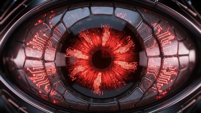 Futuristic Bionic Eye with Glowing Red Circuits