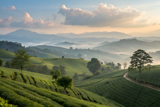 Tea gardens of Assam layered hills, flat pastel