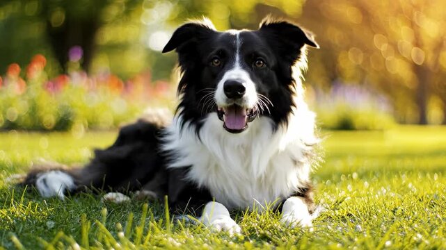 Happy Border Collie Dog Relaxing in Green Grass Outdoors.